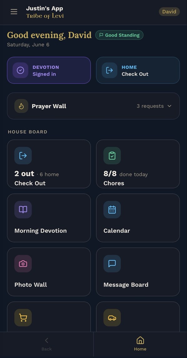 Justin's App home screen